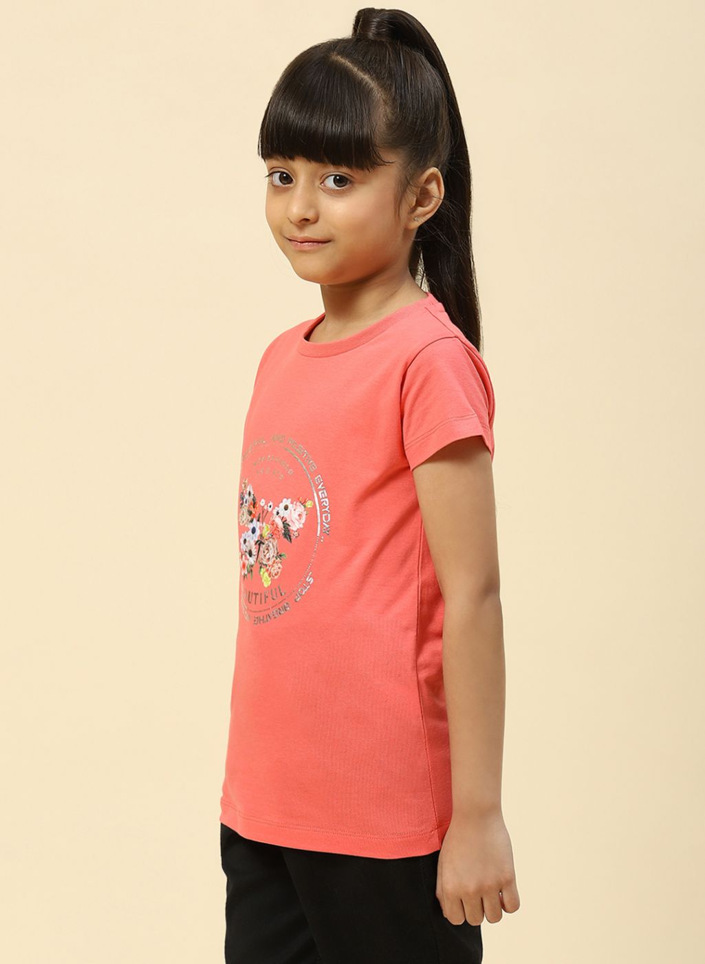 Girls Coral Pink Printed Top