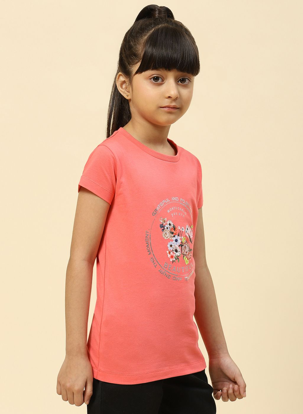 Girls Coral Pink Printed Top