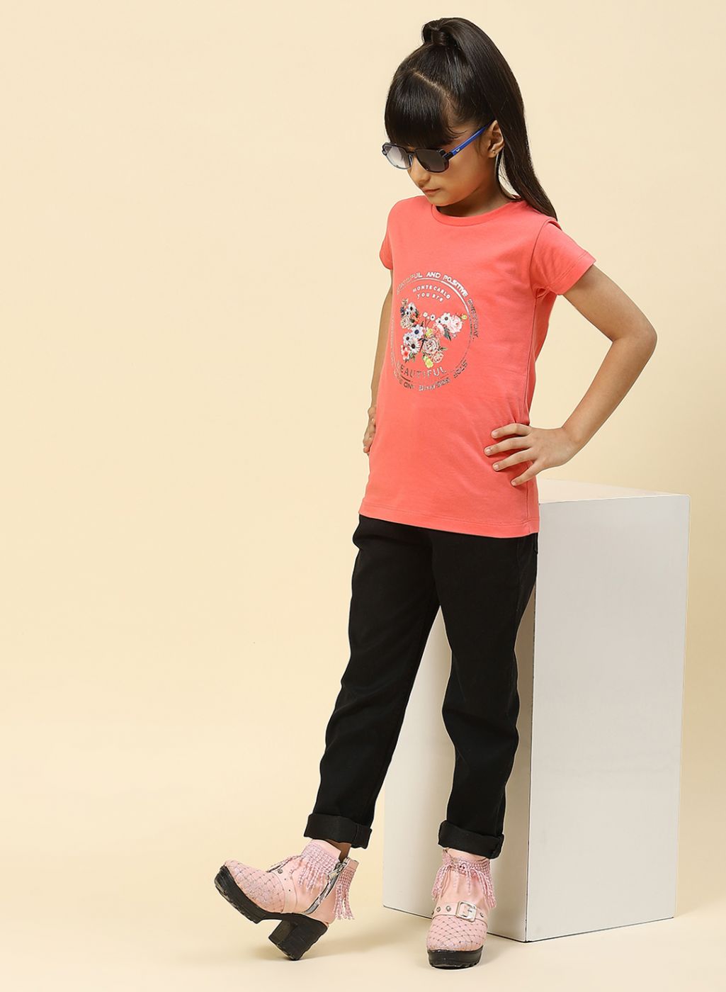 Girls Coral Pink Printed Top