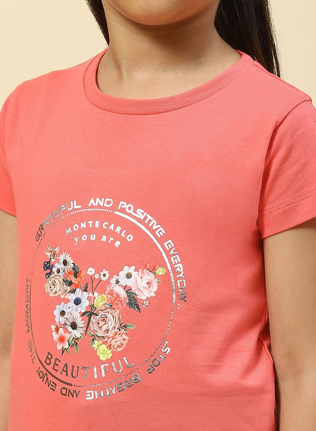 Girls Coral Pink Printed Top