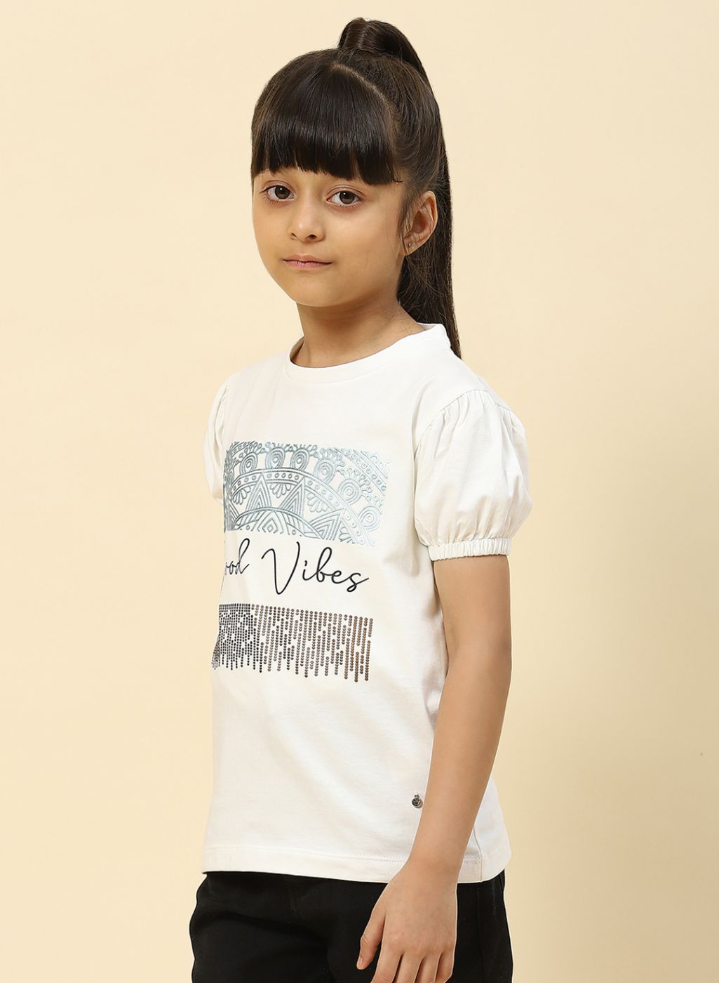 Girls Off White Printed Top