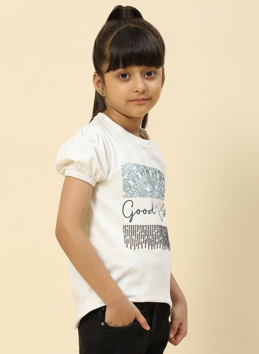 Girls Off White Printed Top