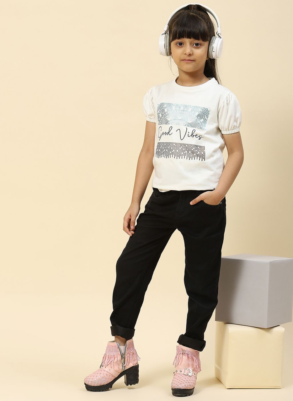 Girls Off White Printed Top