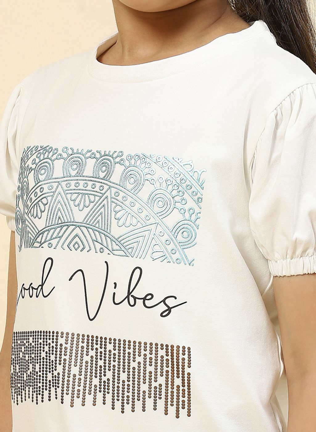 Girls Off White Printed Top