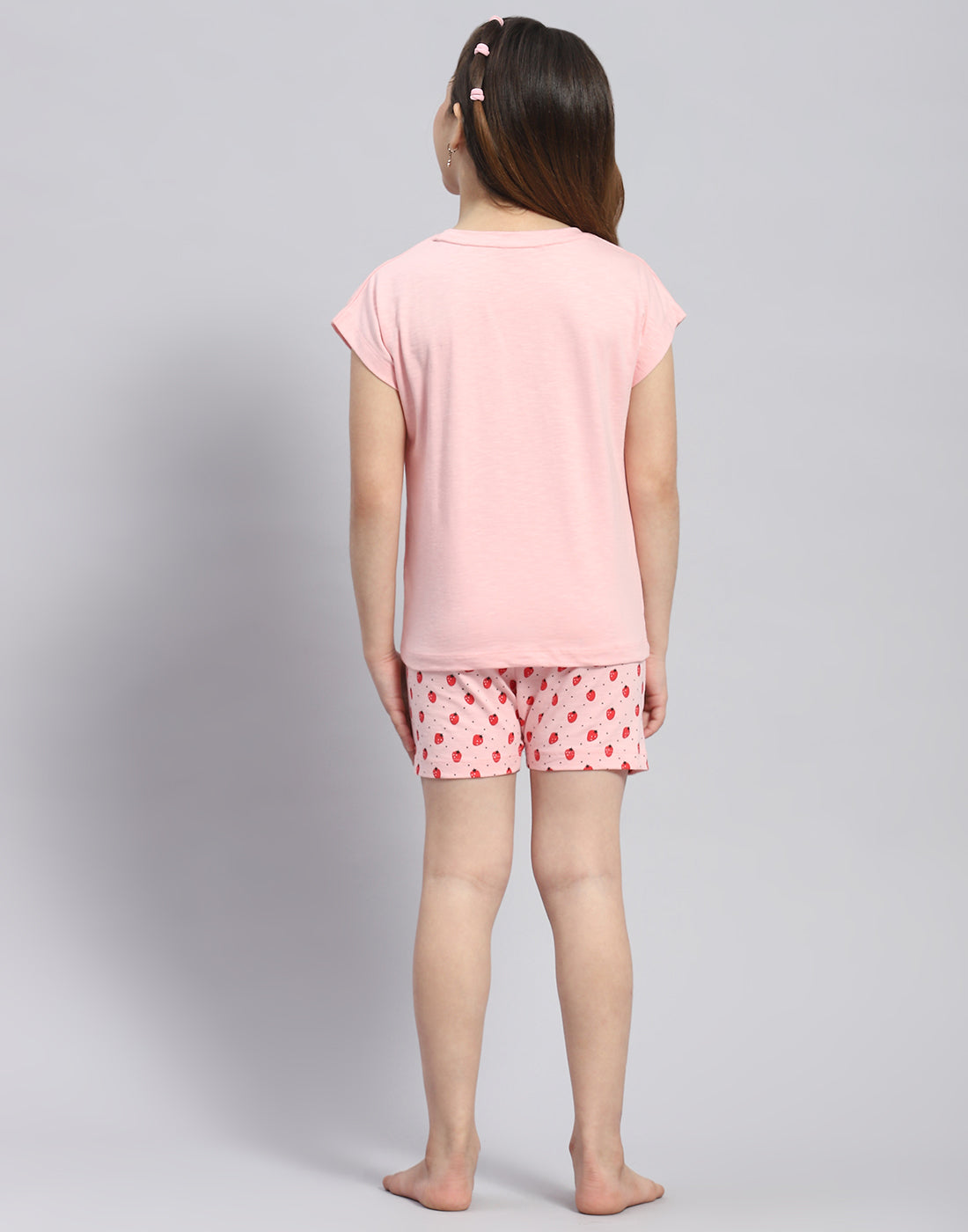 Girls Pink Printed Round Neck Half Sleeve Shorts Set
