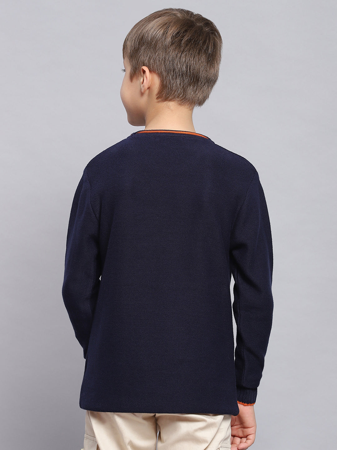 Boys Navy Blue Solid Round Neck Full Sleeve Sweater