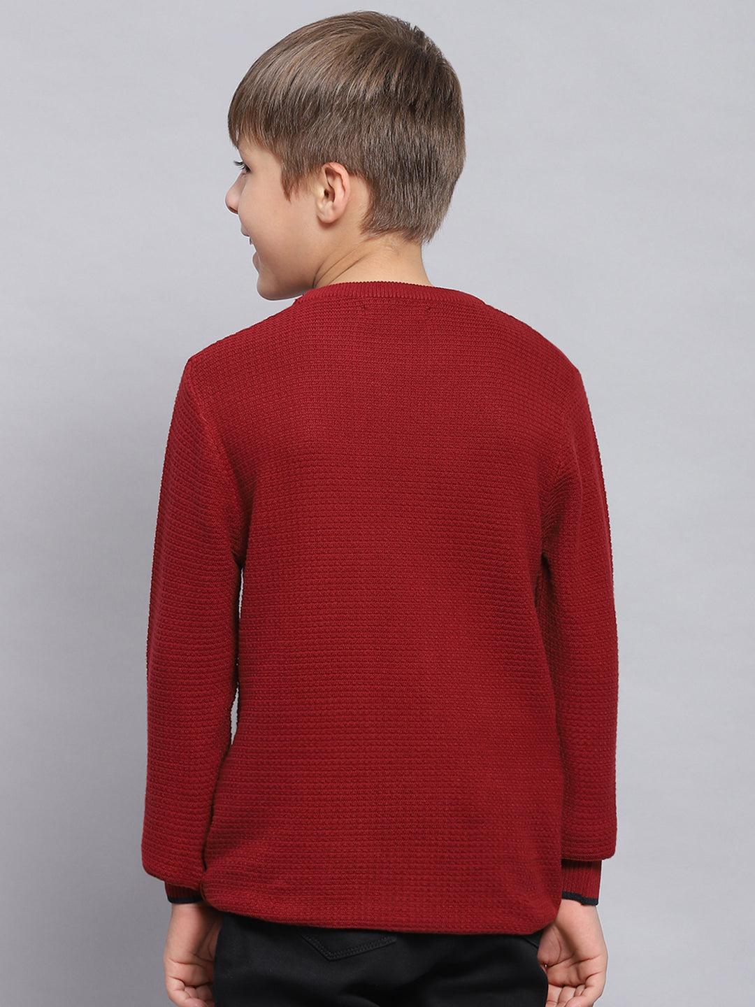 Boys Maroon Solid Round Neck Full Sleeve Sweater