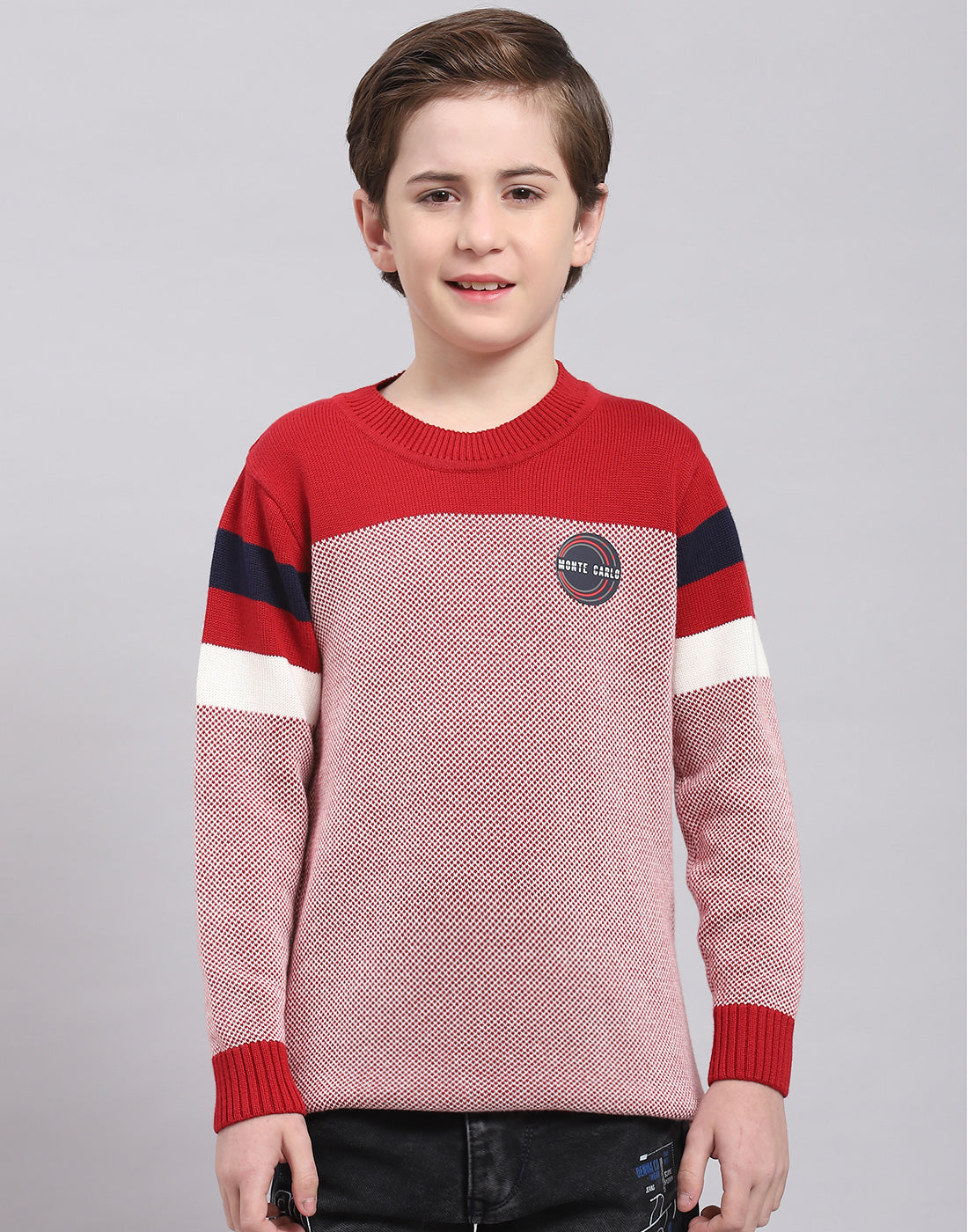 Boys Red Self Design Round Neck Full Sleeve Sweater
