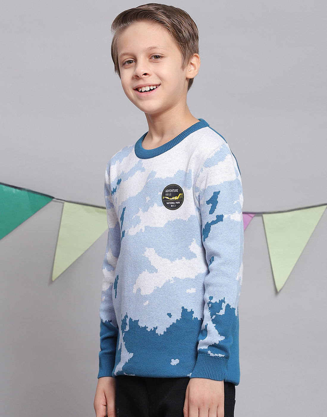 Boys Blue Printed Round Neck Full Sleeve Sweater