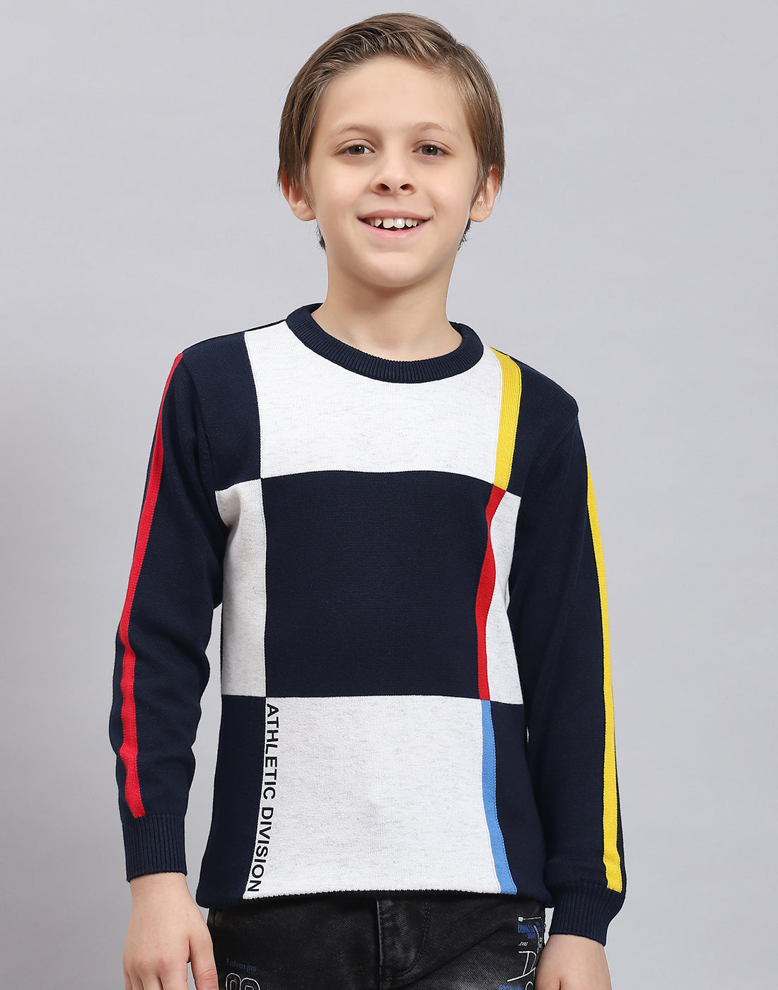 Boys Navy Blue Self Design Round Neck Full Sleeve Sweater