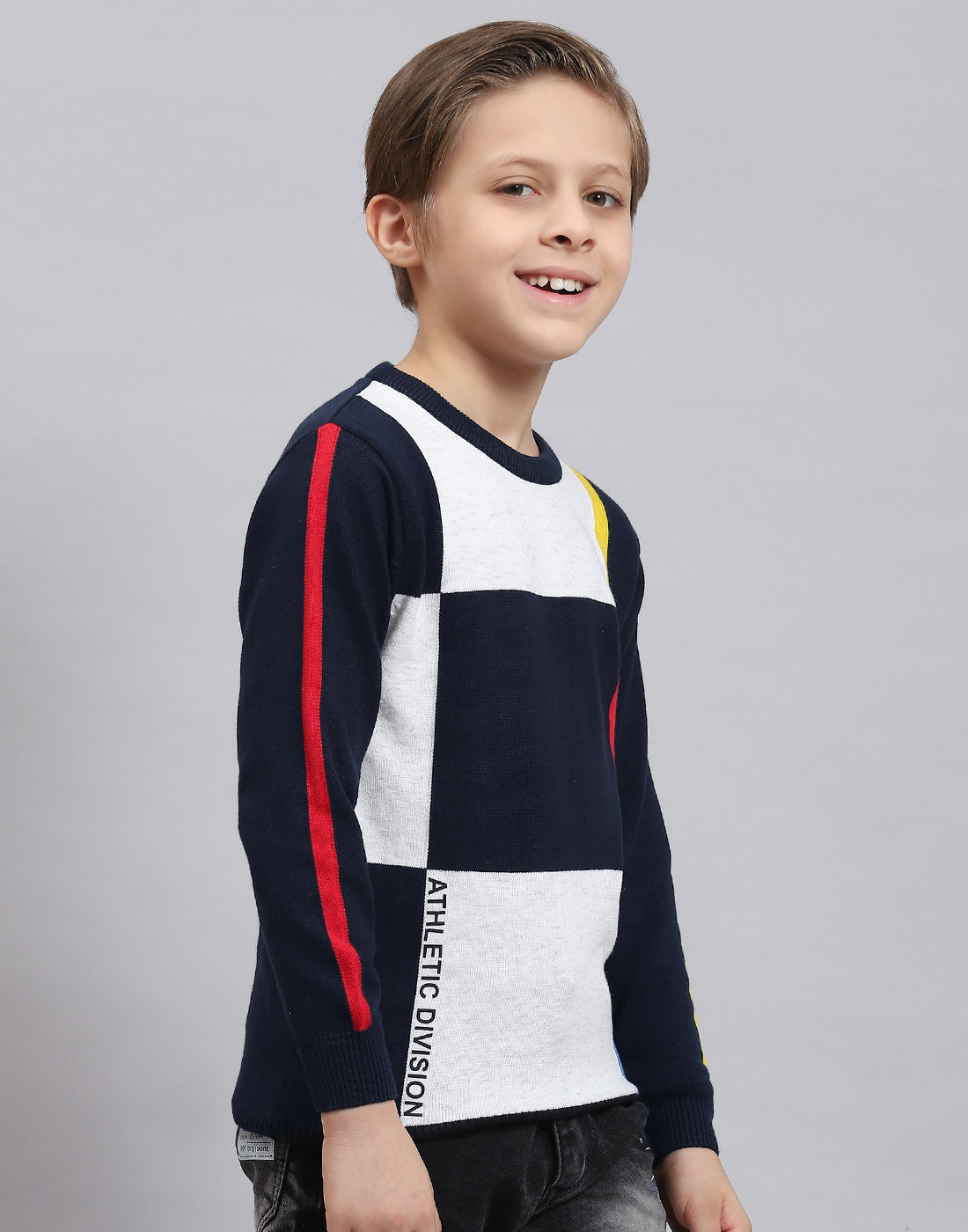 Boys Navy Blue Self Design Round Neck Full Sleeve Sweater