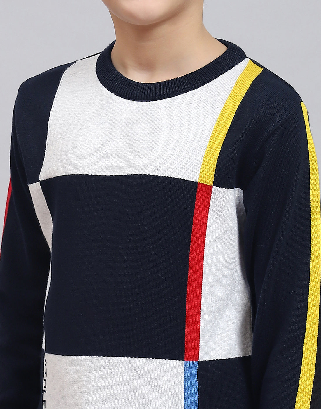 Boys Navy Blue Self Design Round Neck Full Sleeve Sweater