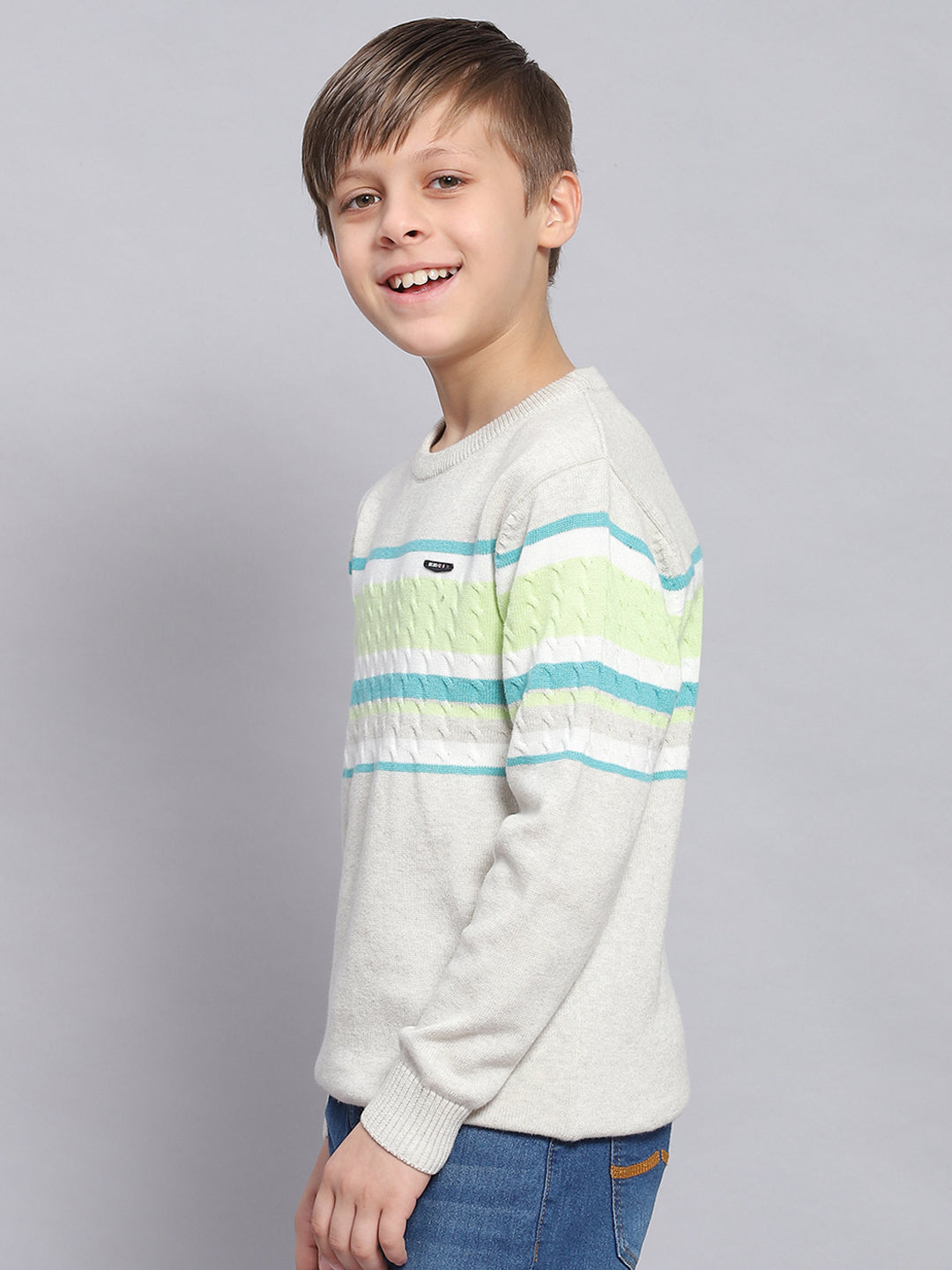 Boys Grey Melange Stripe Round Neck Full Sleeve Sweater