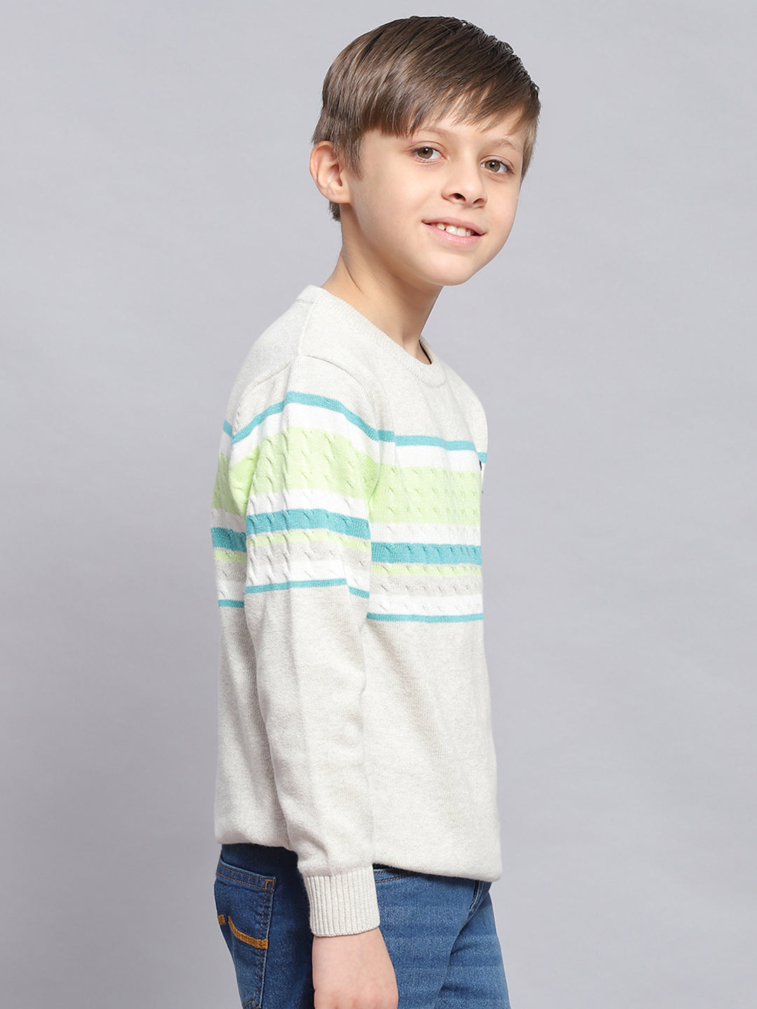 Boys Grey Melange Stripe Round Neck Full Sleeve Sweater