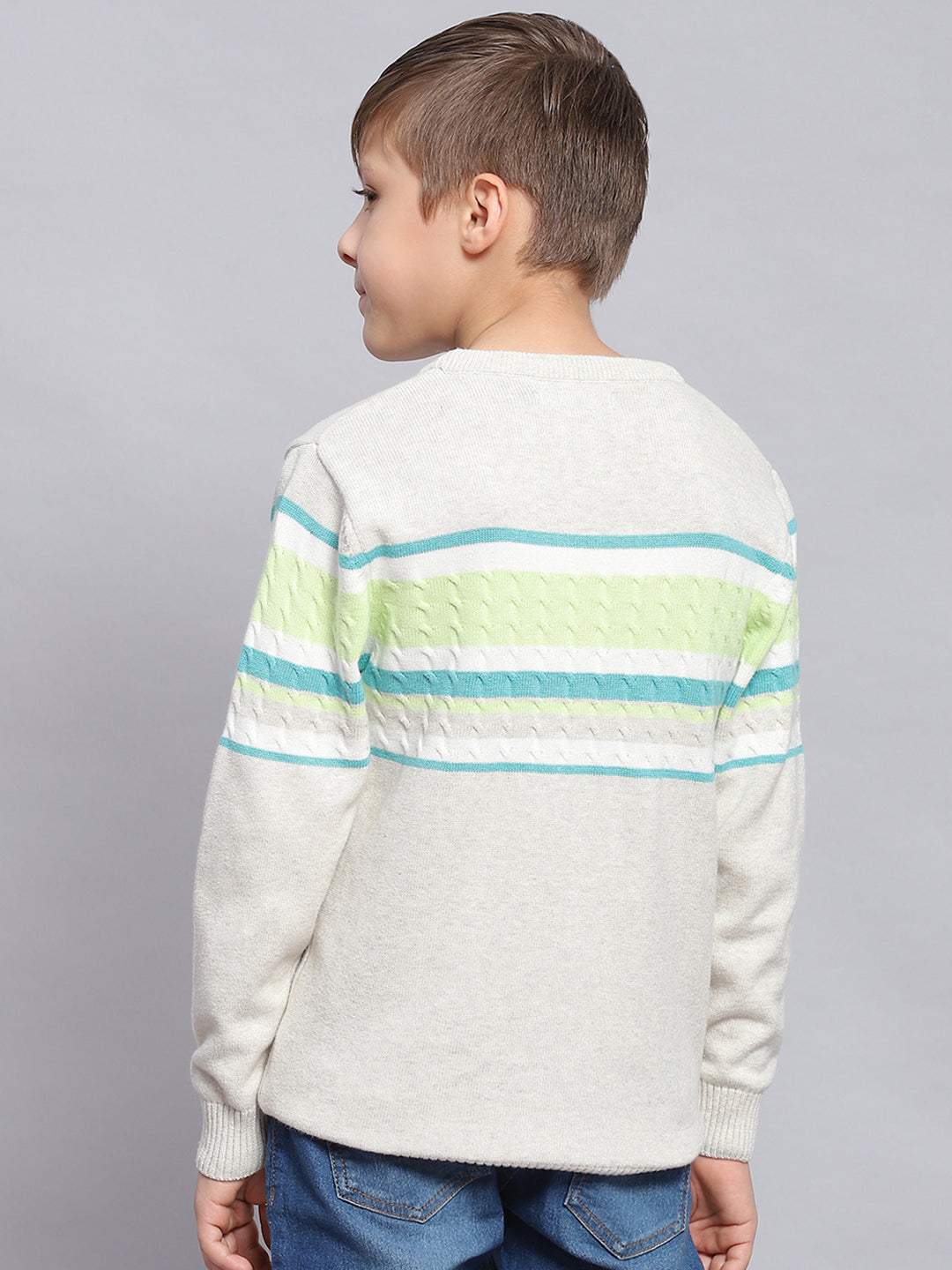 Boys Grey Melange Stripe Round Neck Full Sleeve Sweater