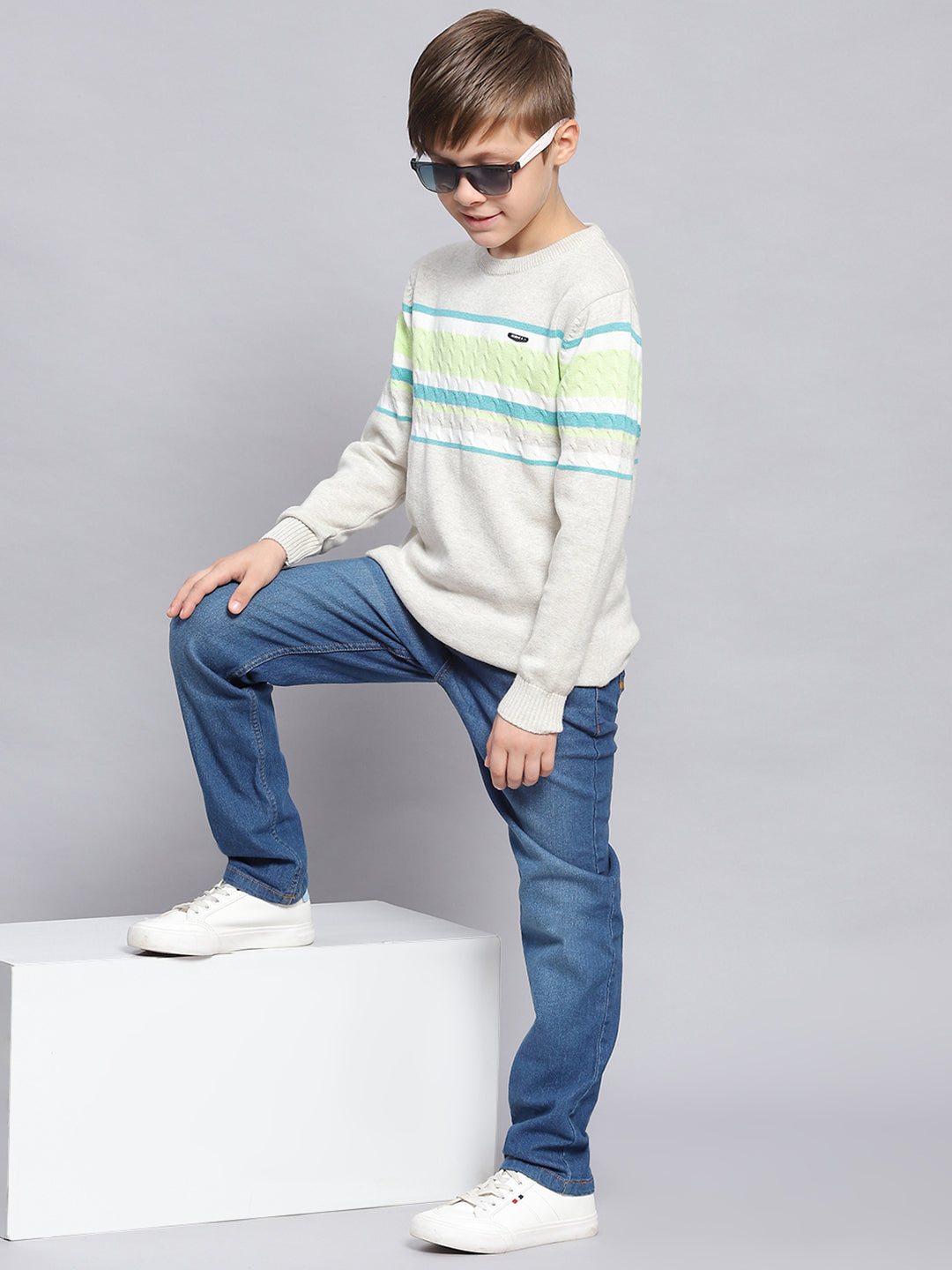 Boys Grey Melange Stripe Round Neck Full Sleeve Sweater