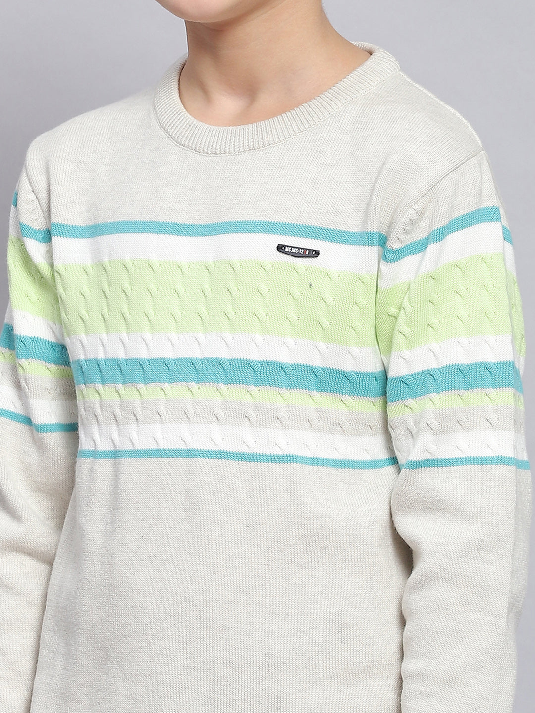 Boys Grey Melange Stripe Round Neck Full Sleeve Sweater