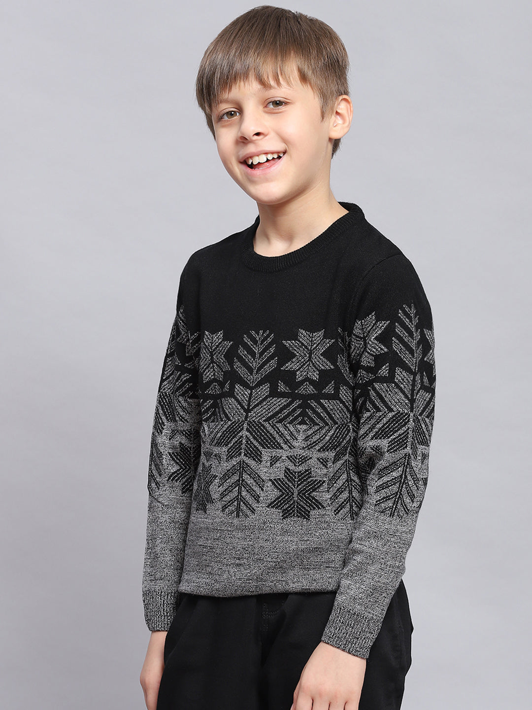 Boys Black Self Design Round Neck Full Sleeve Sweater