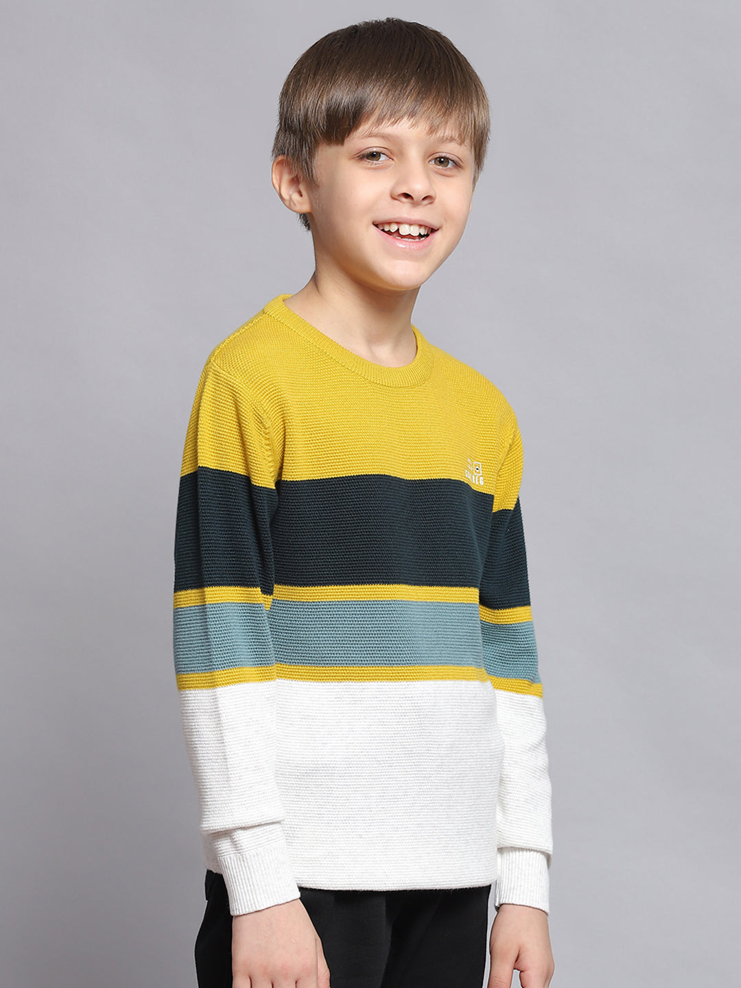 Boys Mustard Stripe Round Neck Full Sleeve Sweater