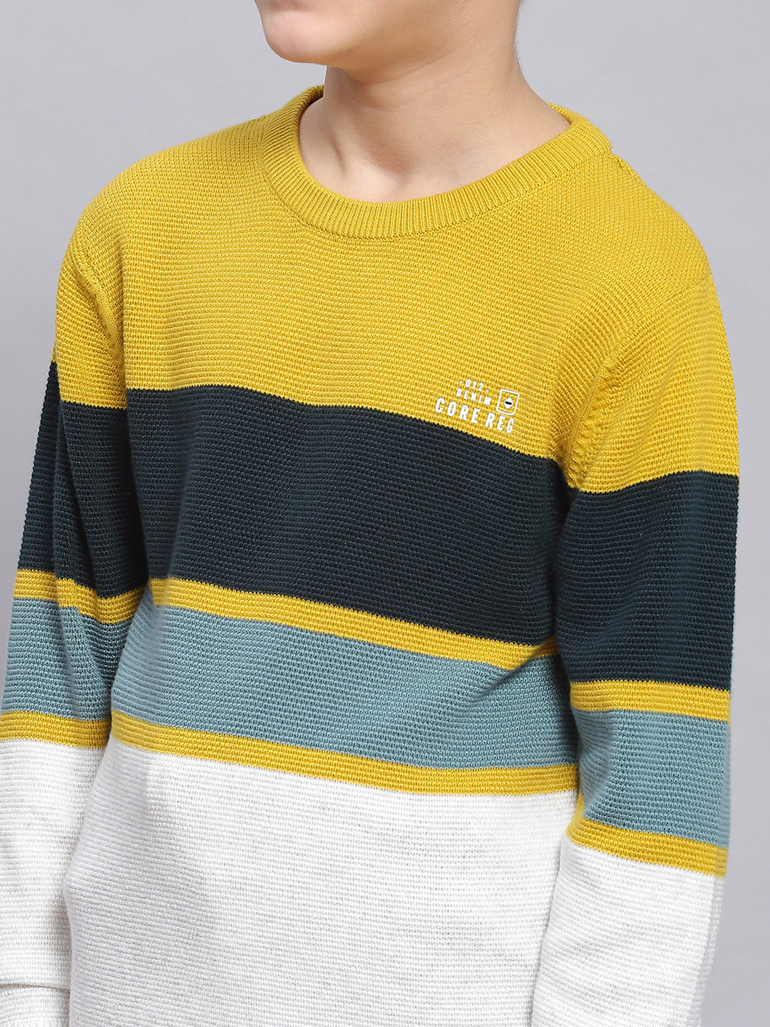 Boys Mustard Stripe Round Neck Full Sleeve Sweater