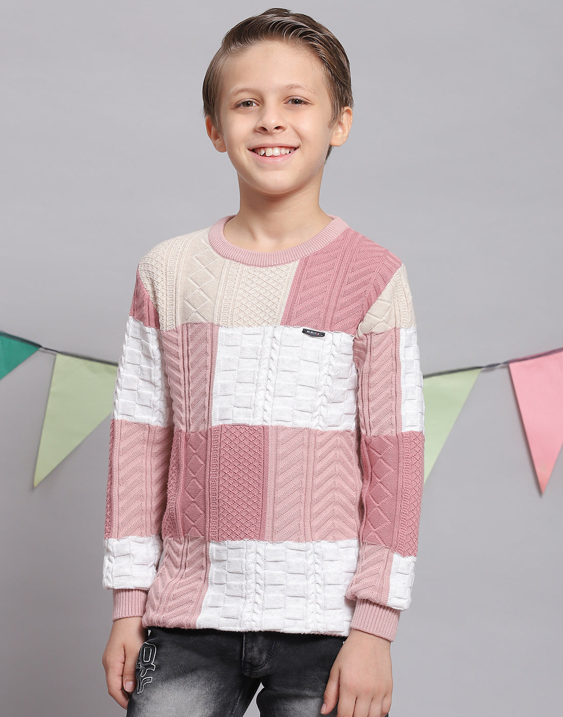 Boys Pink Self Design Round Neck Full Sleeve Sweater