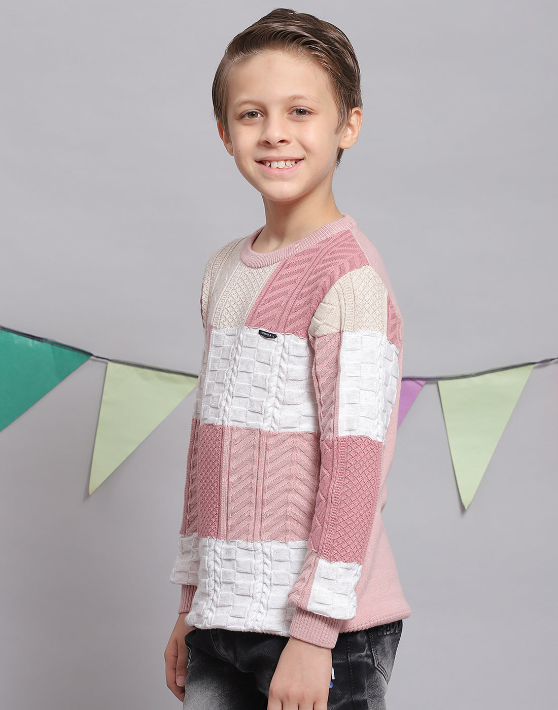 Boys Pink Self Design Round Neck Full Sleeve Sweater