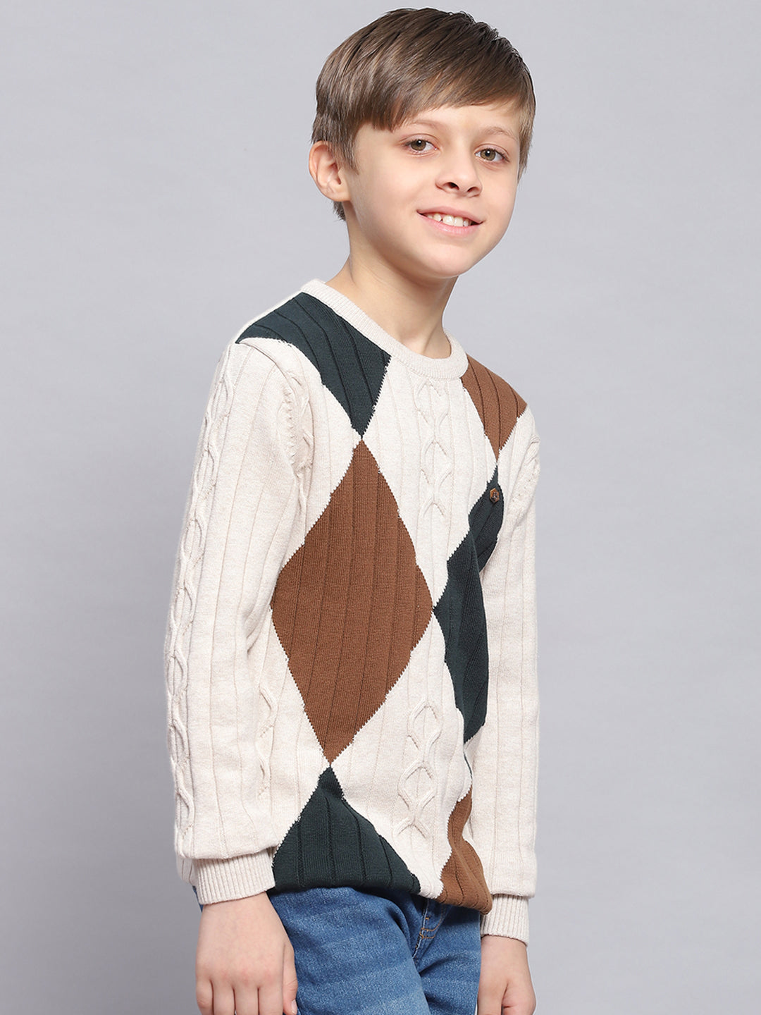 Boys Beige Self Design Round Neck Full Sleeve Sweater