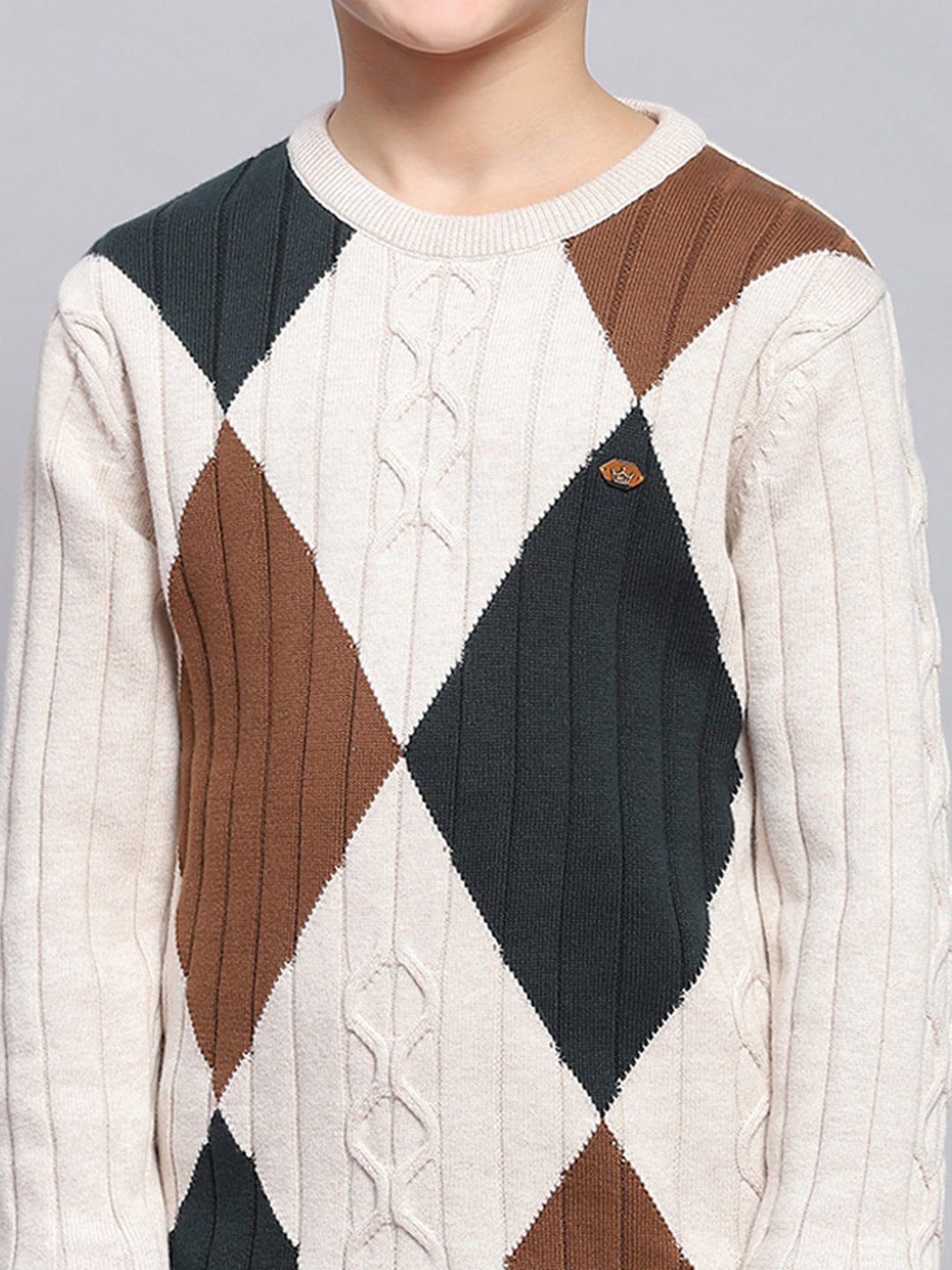 Boys Beige Self Design Round Neck Full Sleeve Sweater