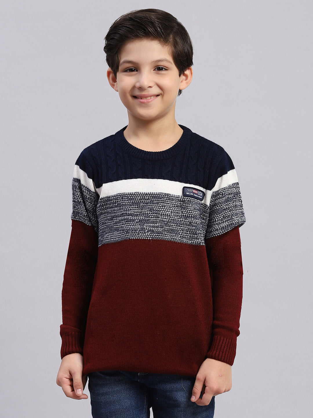 Buy Boys Maroon Stripe Round Neck Full Sleeve Sweater Online in