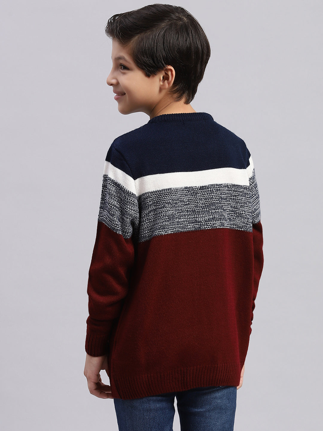 Boys Maroon Stripe Round Neck Full Sleeve Sweater