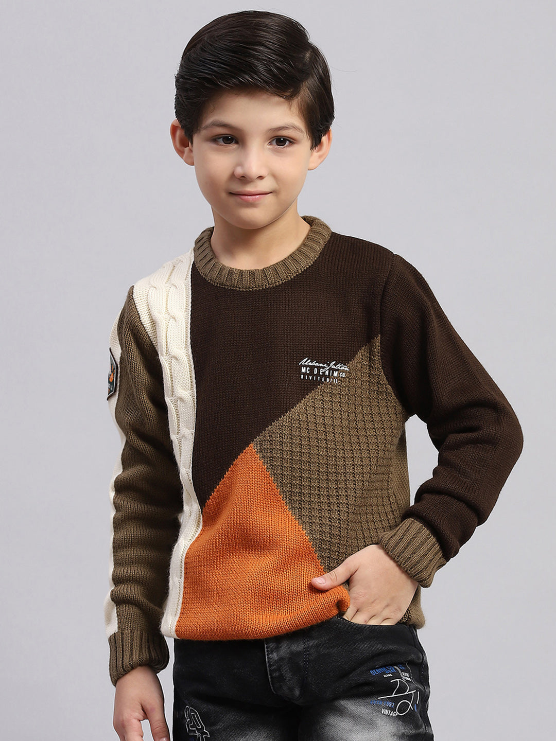 Boys Brown Self Design Round Neck Full Sleeve Sweater