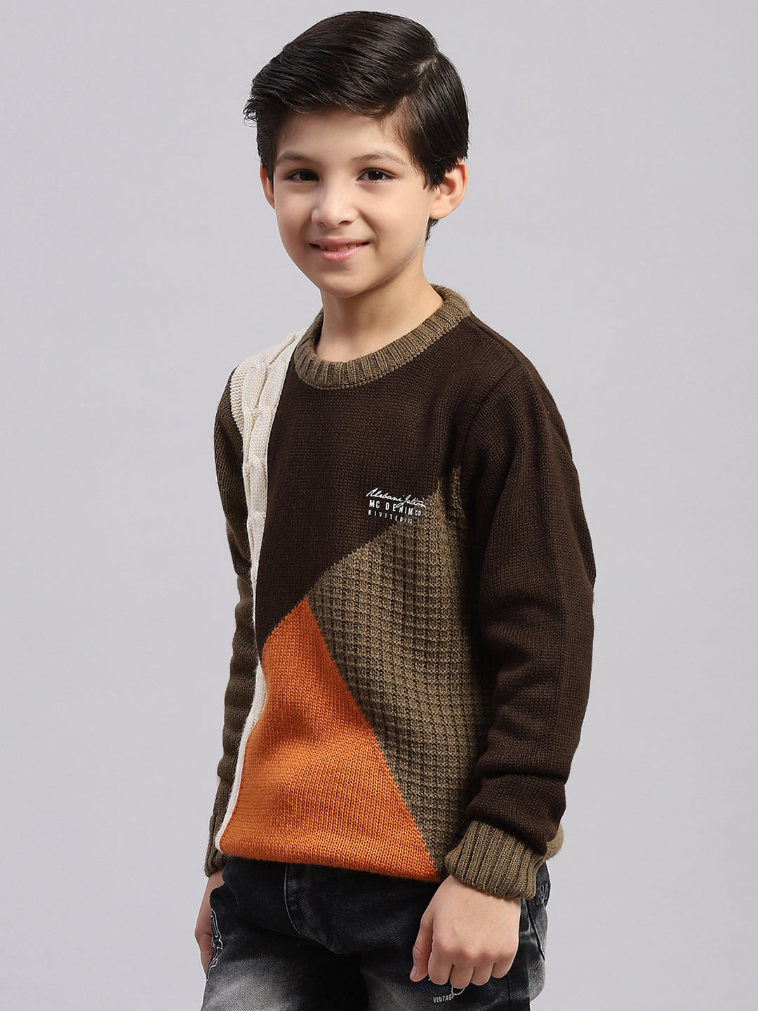 Boys Brown Self Design Round Neck Full Sleeve Sweater