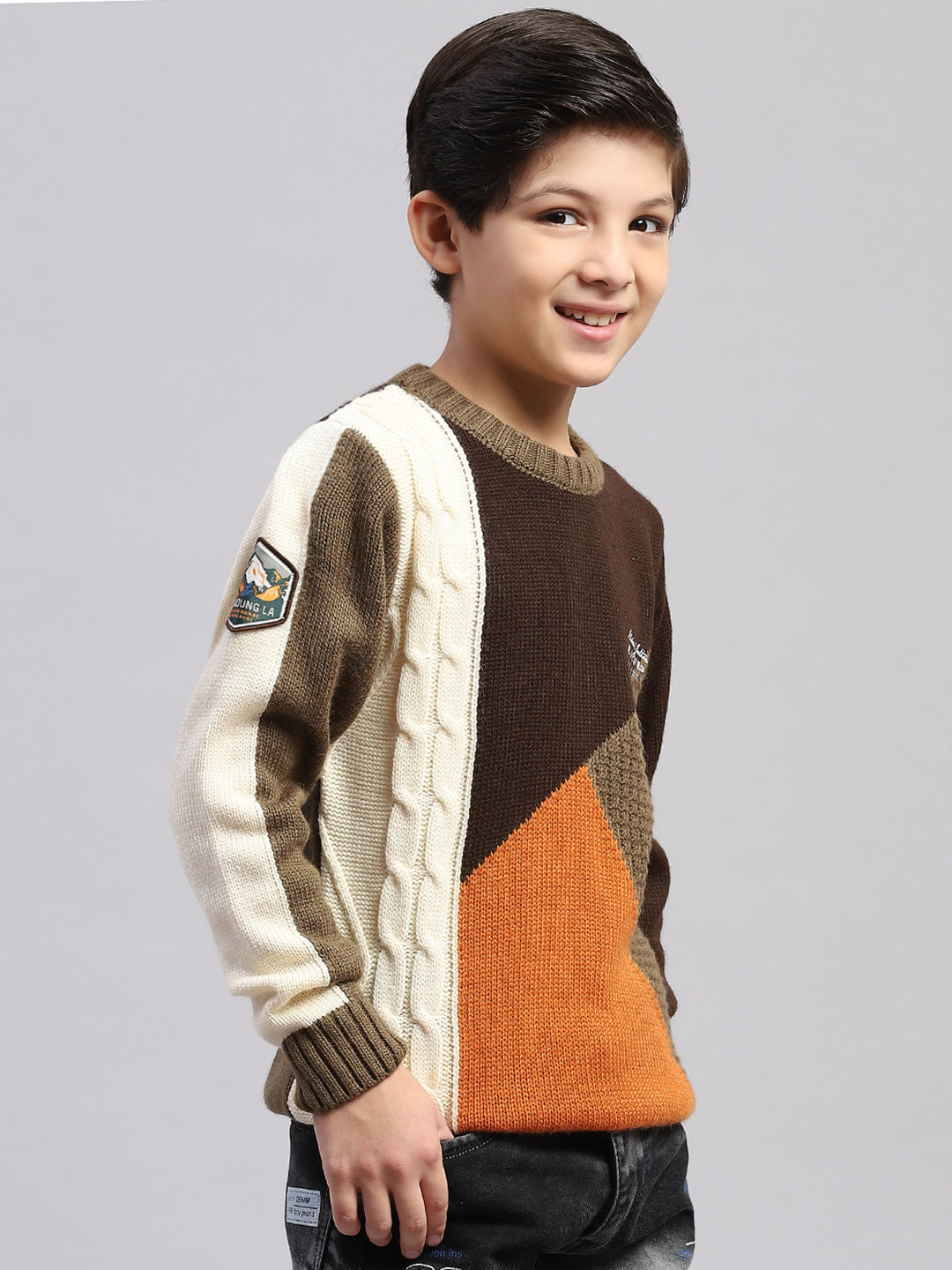 Boys Brown Self Design Round Neck Full Sleeve Sweater