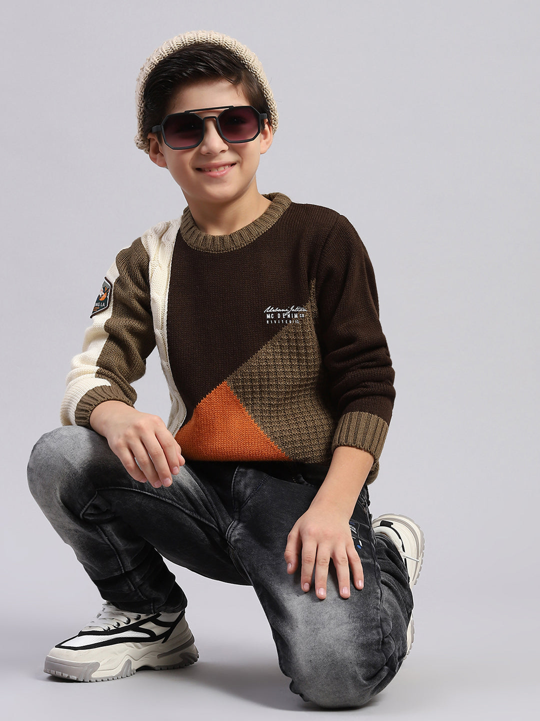 Boys Brown Self Design Round Neck Full Sleeve Sweater