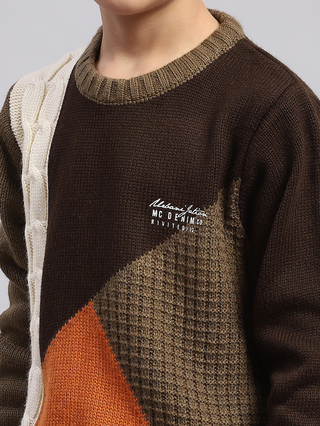Boys Brown Self Design Round Neck Full Sleeve Sweater