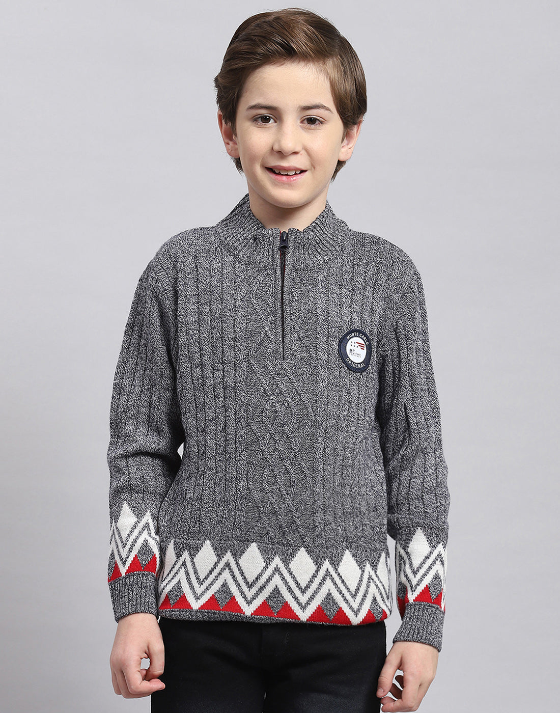 Boys Grey Self Design Round Neck Full Sleeve Sweater