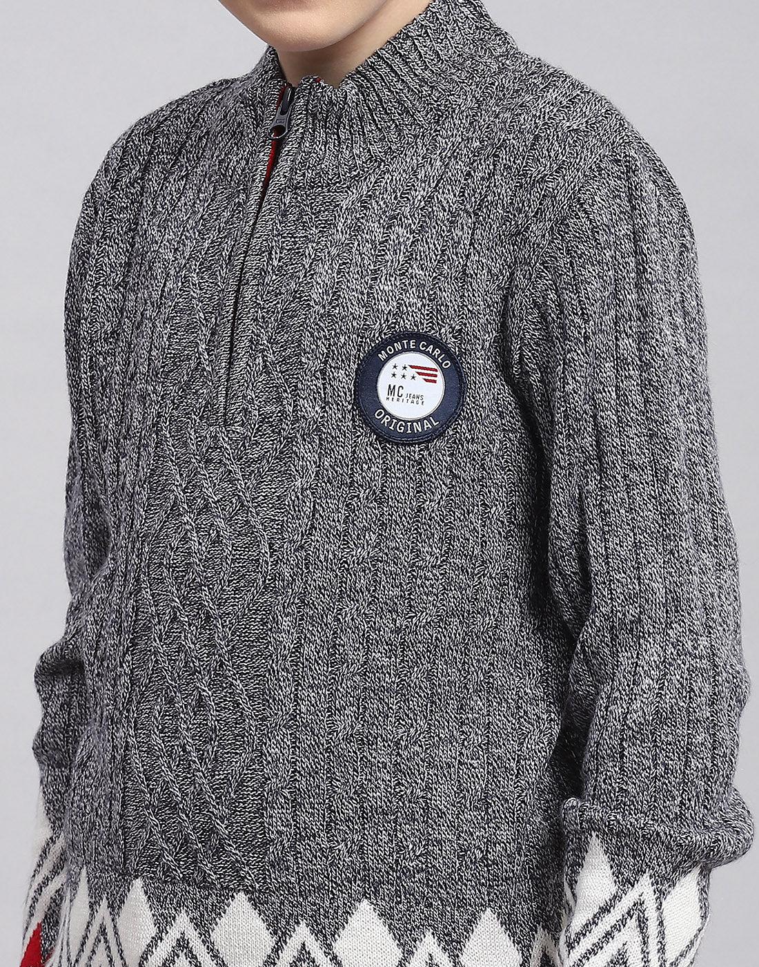 Boys Grey Self Design Round Neck Full Sleeve Sweater