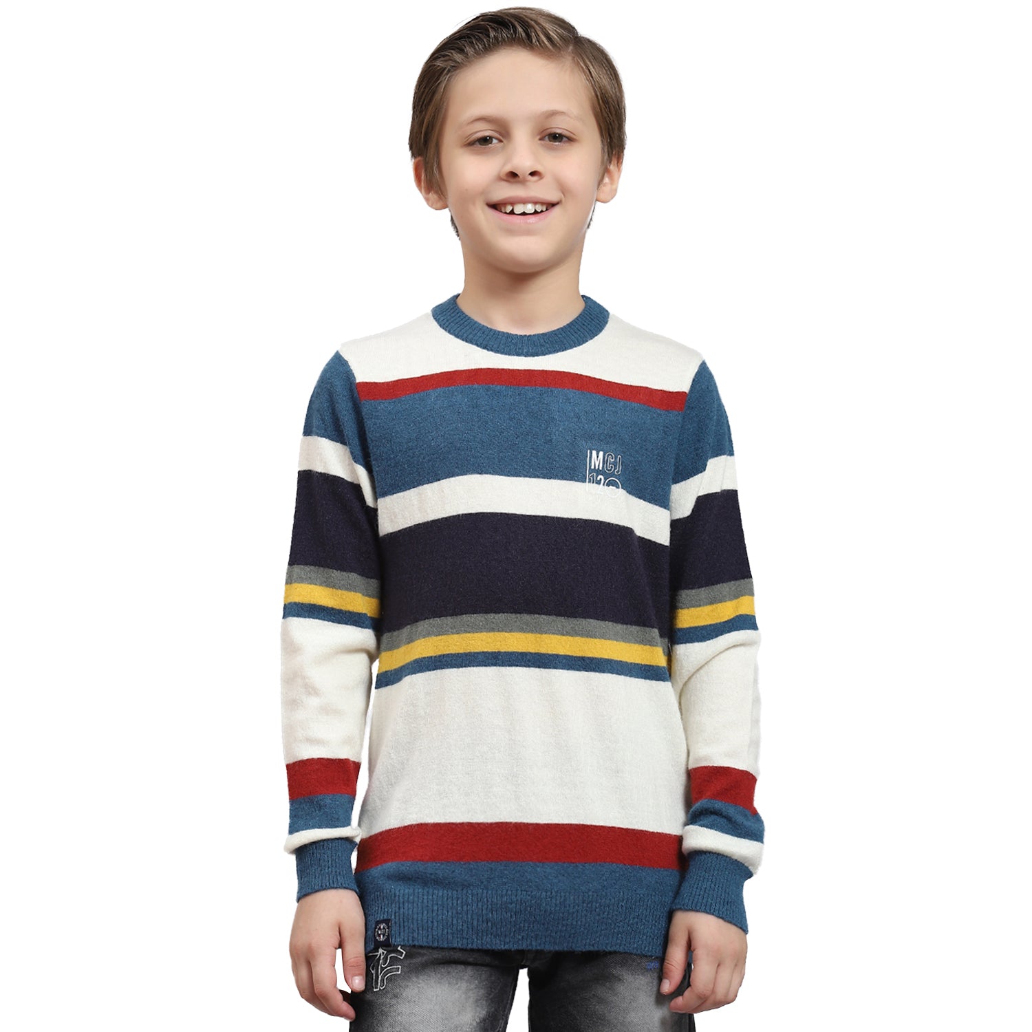 Boys Teal Blue Stripe Round Neck Full Sleeve Sweater