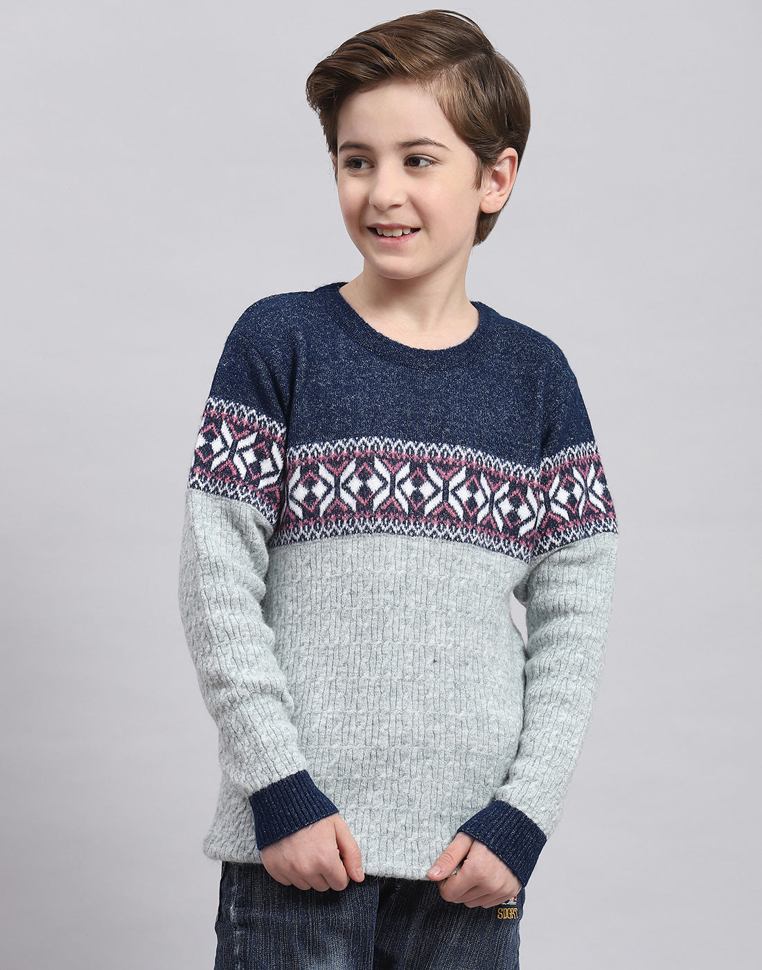 Boys Grey Self Design Round Neck Full Sleeve Sweater