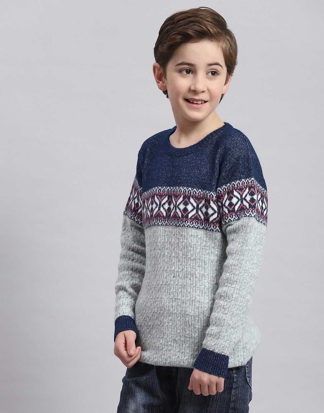 Boys Grey Self Design Round Neck Full Sleeve Sweater