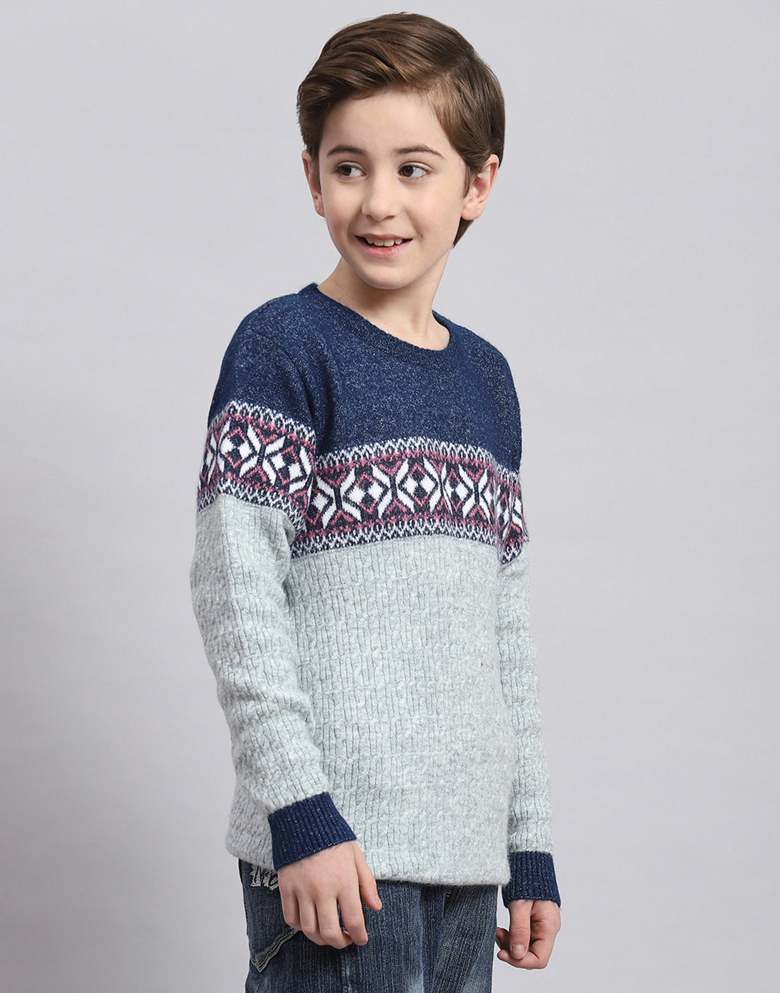 Boys Grey Self Design Round Neck Full Sleeve Sweater