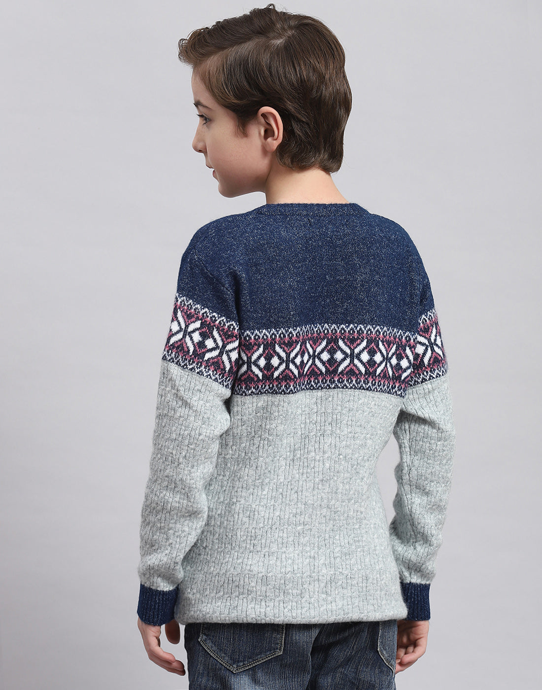 Boys Grey Self Design Round Neck Full Sleeve Sweater
