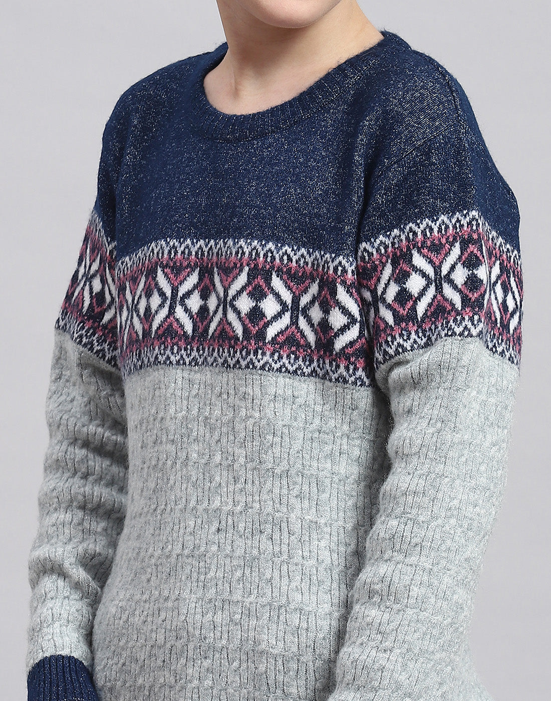 Boys Grey Self Design Round Neck Full Sleeve Sweater