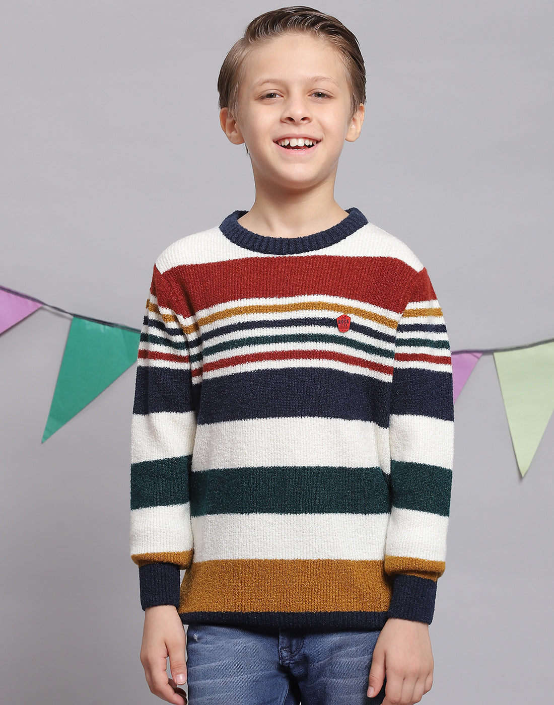 Boys White Stripe Round Neck Full Sleeve Sweater