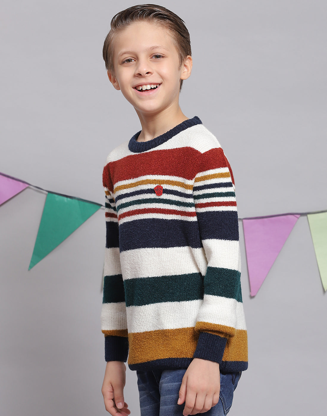 Boys White Stripe Round Neck Full Sleeve Sweater