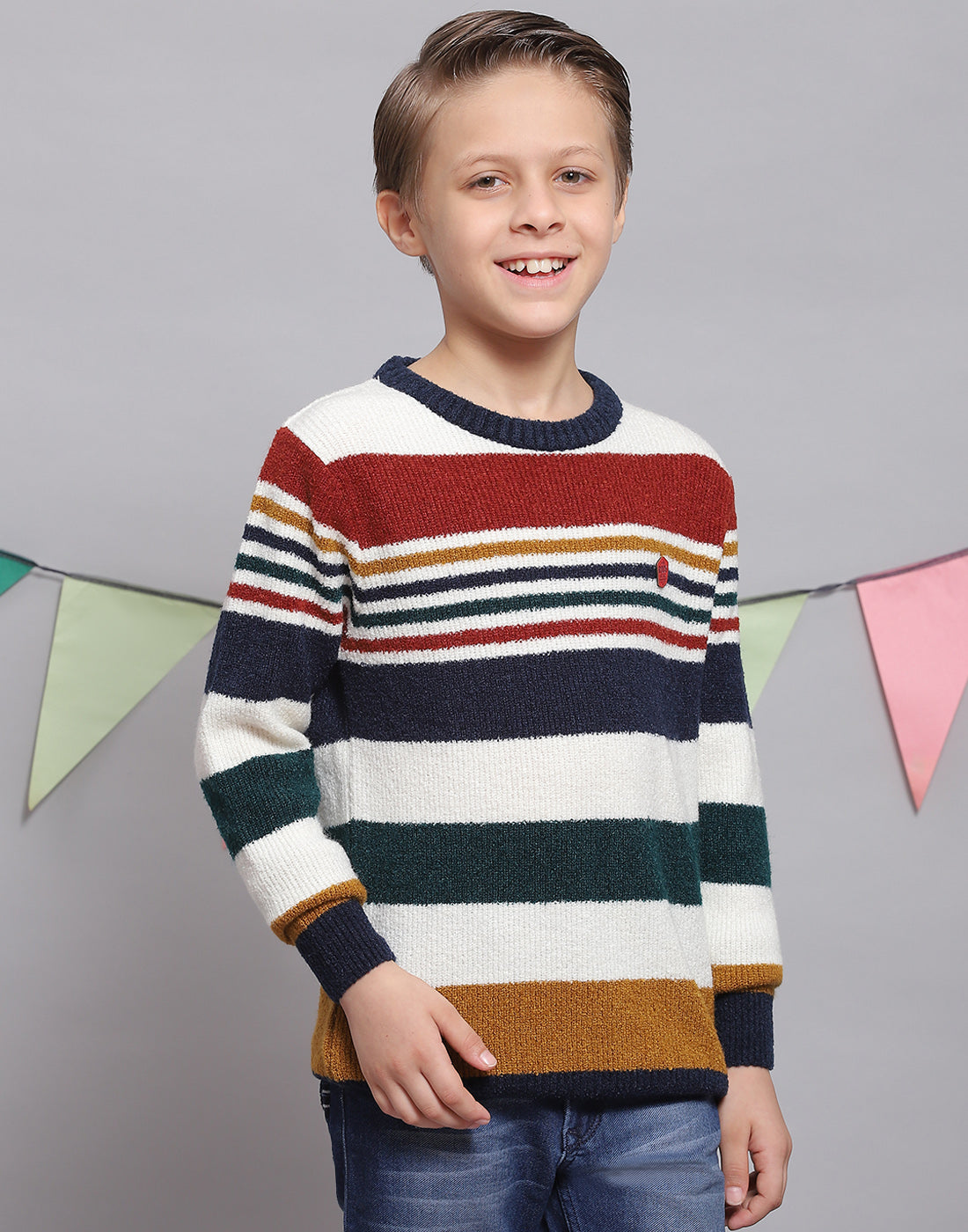 Boys White Stripe Round Neck Full Sleeve Sweater