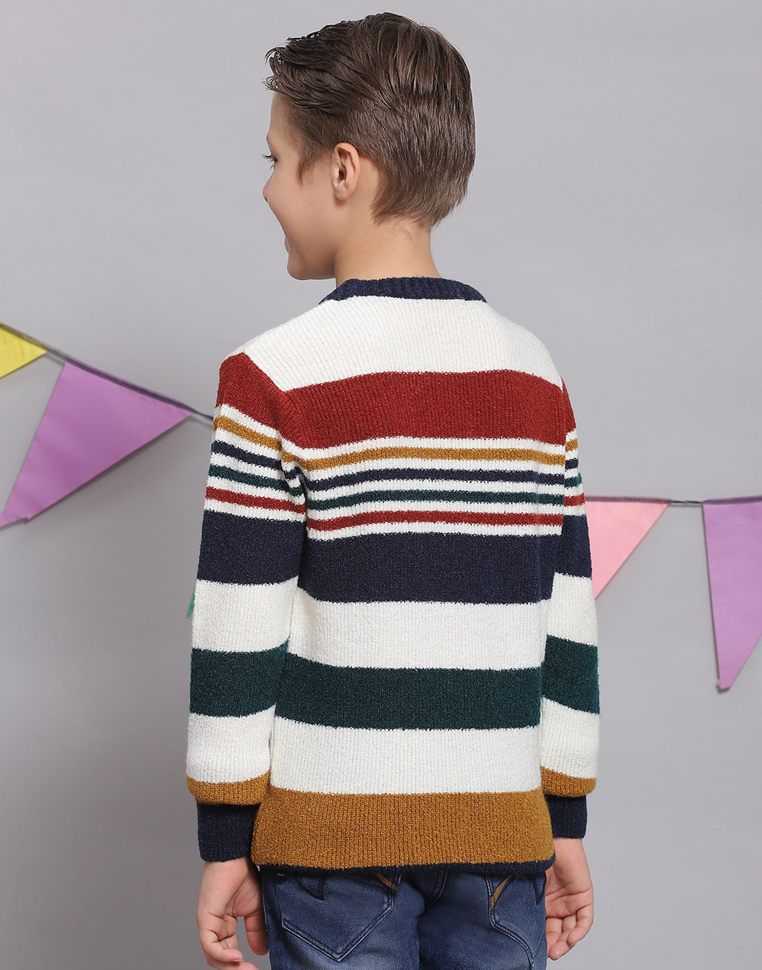 Boys White Stripe Round Neck Full Sleeve Sweater