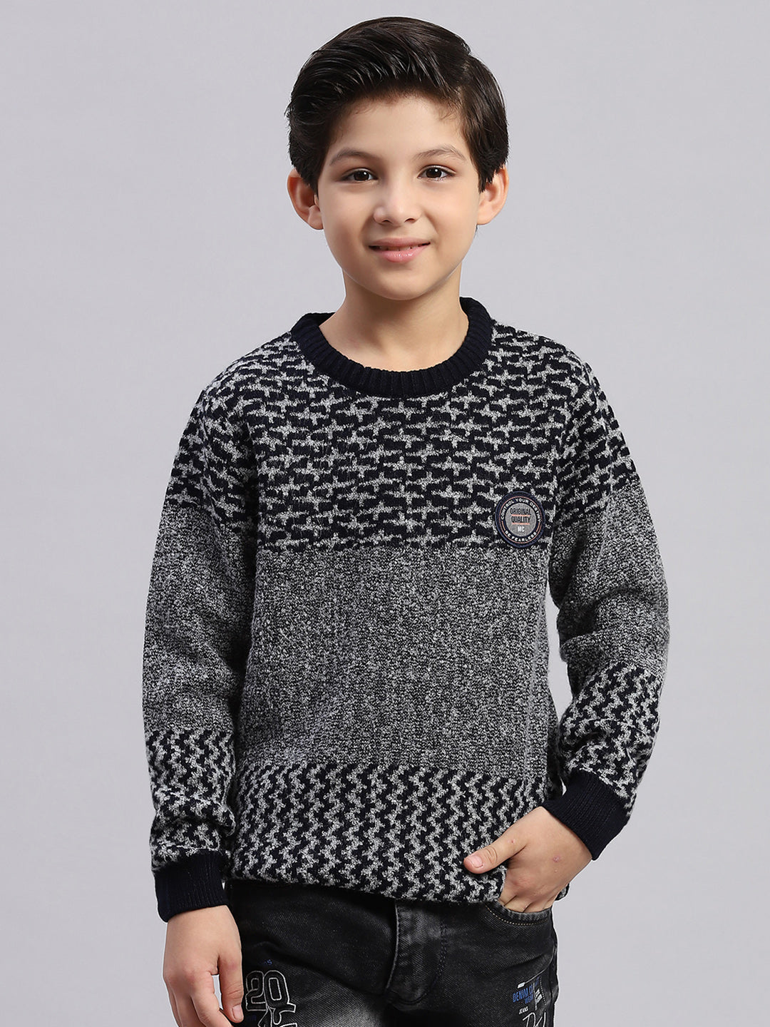 Boys Grey Sweater With Self-Design Reindeer Face Pattern main image 1