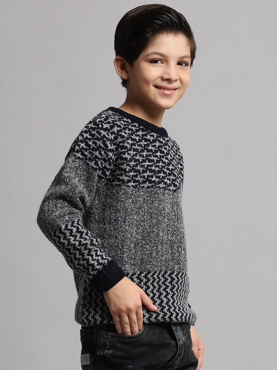 Boys Grey Self Design Round Neck Full Sleeve Sweater