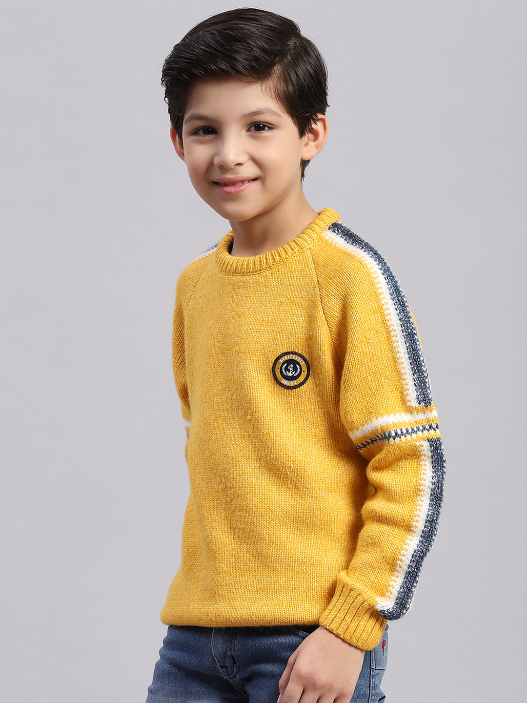 Boys Yellow Self Design Round Neck Full Sleeve Sweater